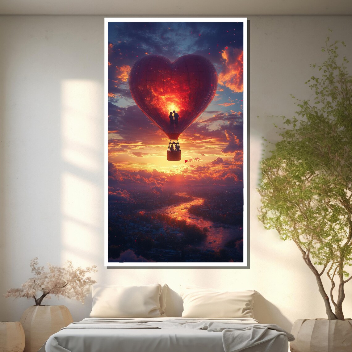 Heart Shaped Hot Air Balloon Glowing Sunset Over the River Poster - Image 2