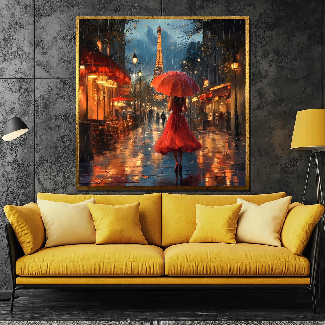 Woman in Red Dress with Umbrella Rainy Paris Night Art Poster
