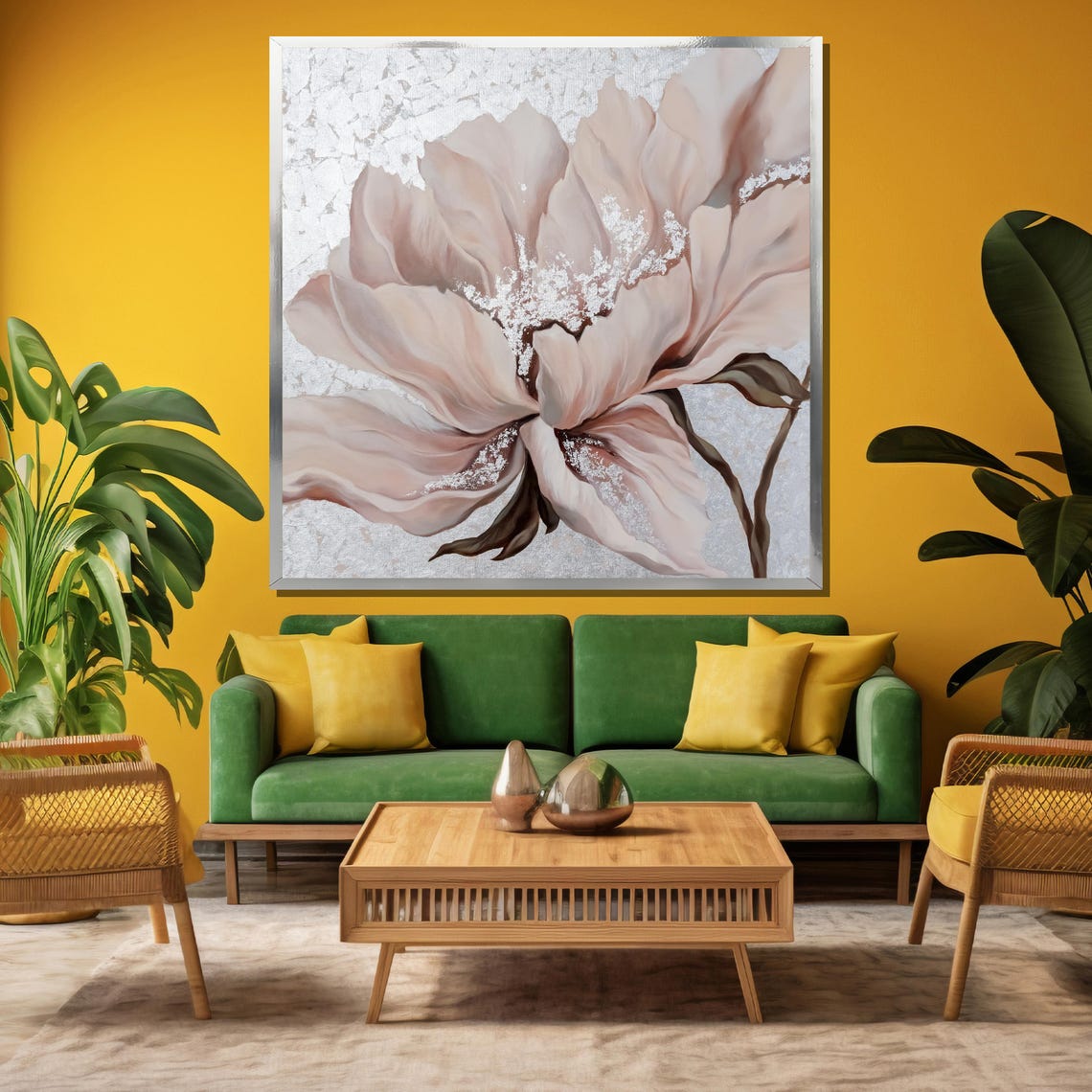 Large Beige Bloom with Shimmering Silver Leaf Accents Floral Poster - Image 3