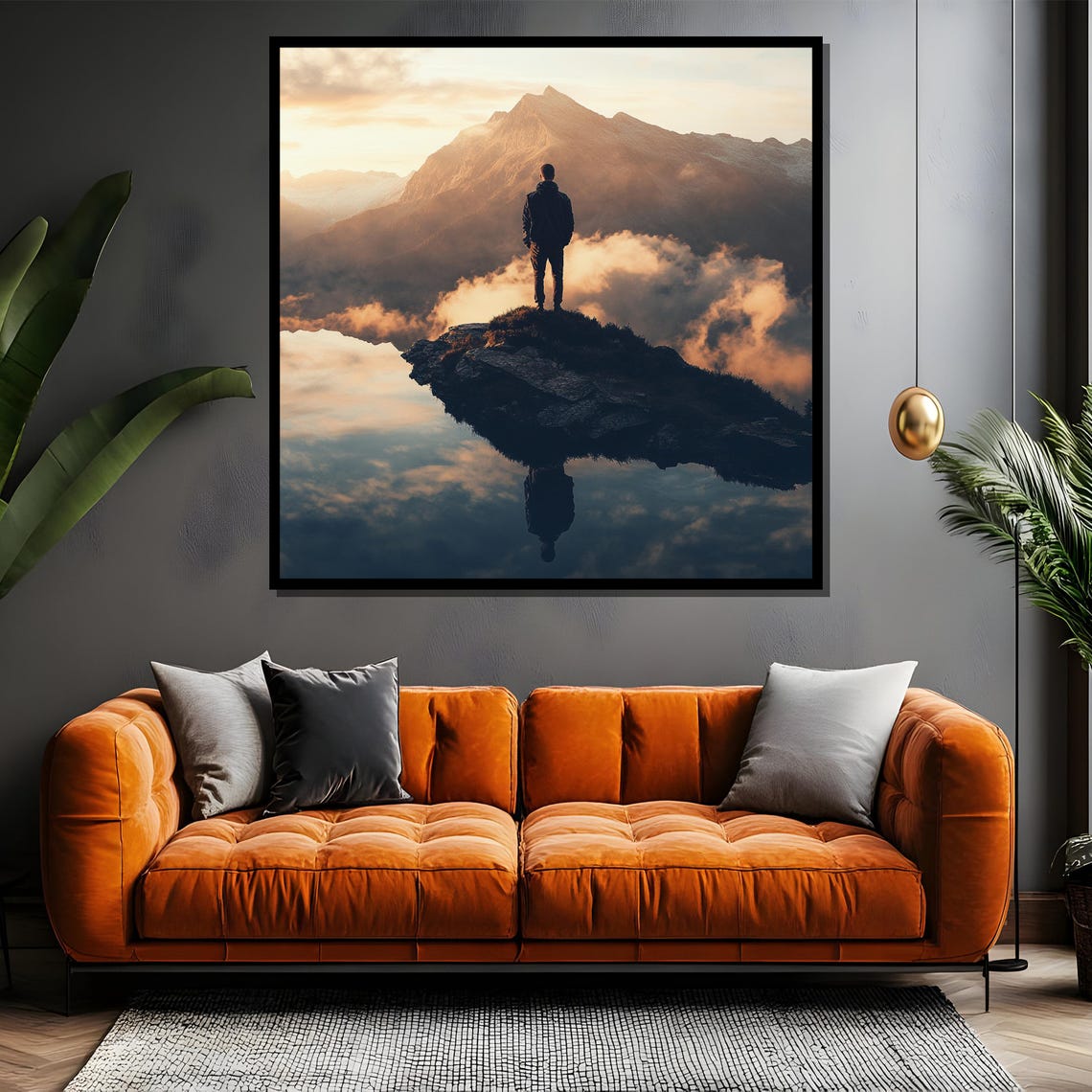 Mountain Explorer Painting Adventure Landscape Art Traveler At Sunset Nature Reflection Wall Decor Gift For Hikers - Image 4