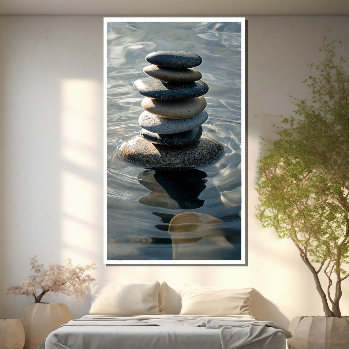 Balanced Cairn of Smooth Stones in Rippling Blue Water Poster - Image 2