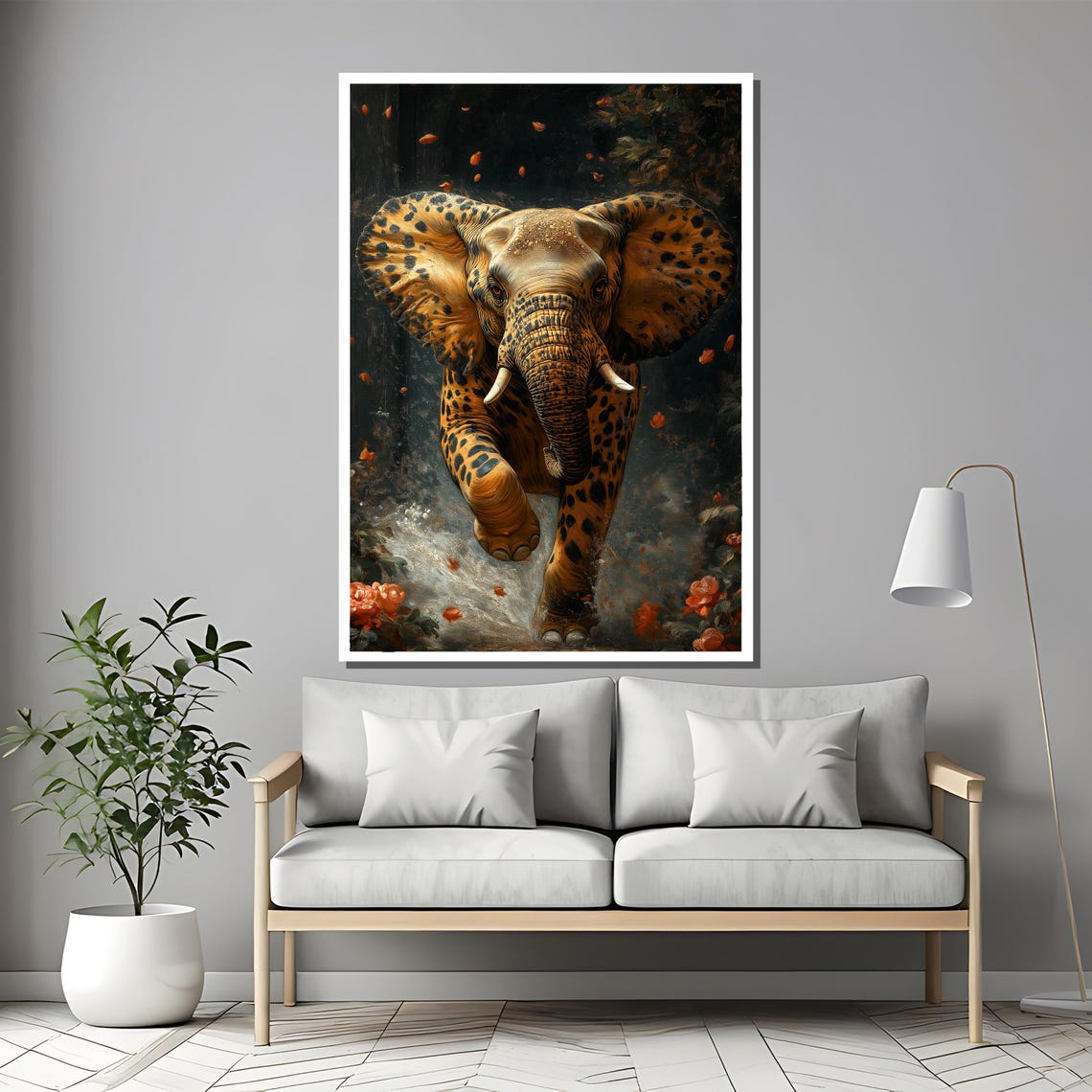 Spotted Giant Cheetah Patterned Elephant Walking in Jungle Poster - Image 2