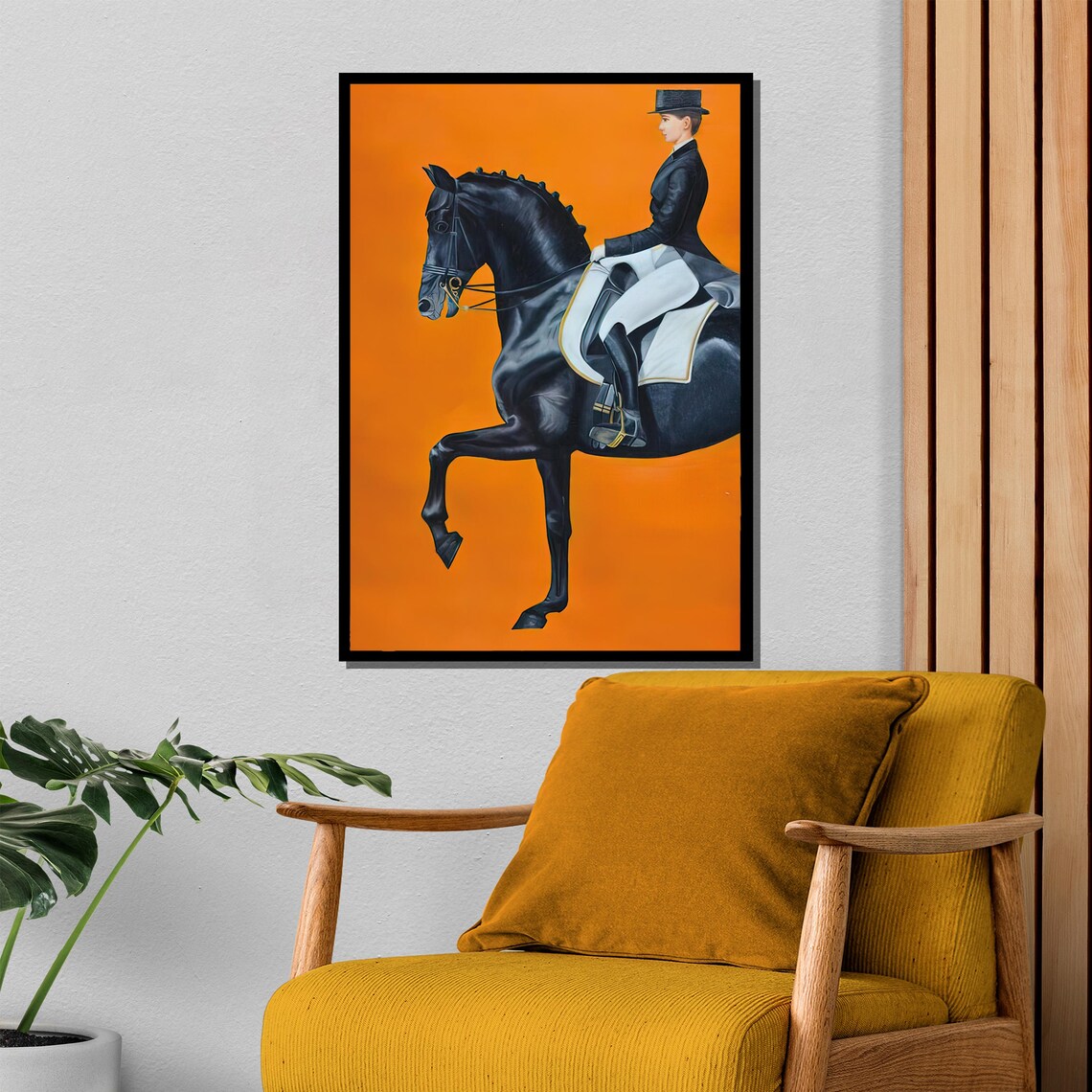 Equestrian Dressage Rider on Black Horse Bold Orange Art Poster - Image 4