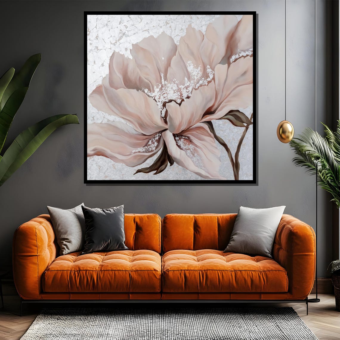 Large Beige Bloom with Shimmering Silver Leaf Accents Floral Poster - Image 4