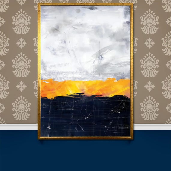 Modern Abstract Horizon Painting Captivating Blend Of Cloudy White Bold Yellow And Deep Blue Art Gift For Any Interior Decor