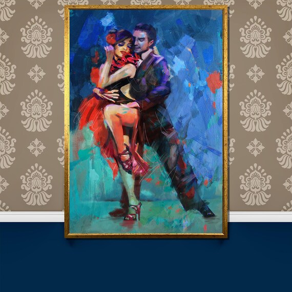 Passionate Tango Dancers In Red Dramatic Blue Night Art Poster