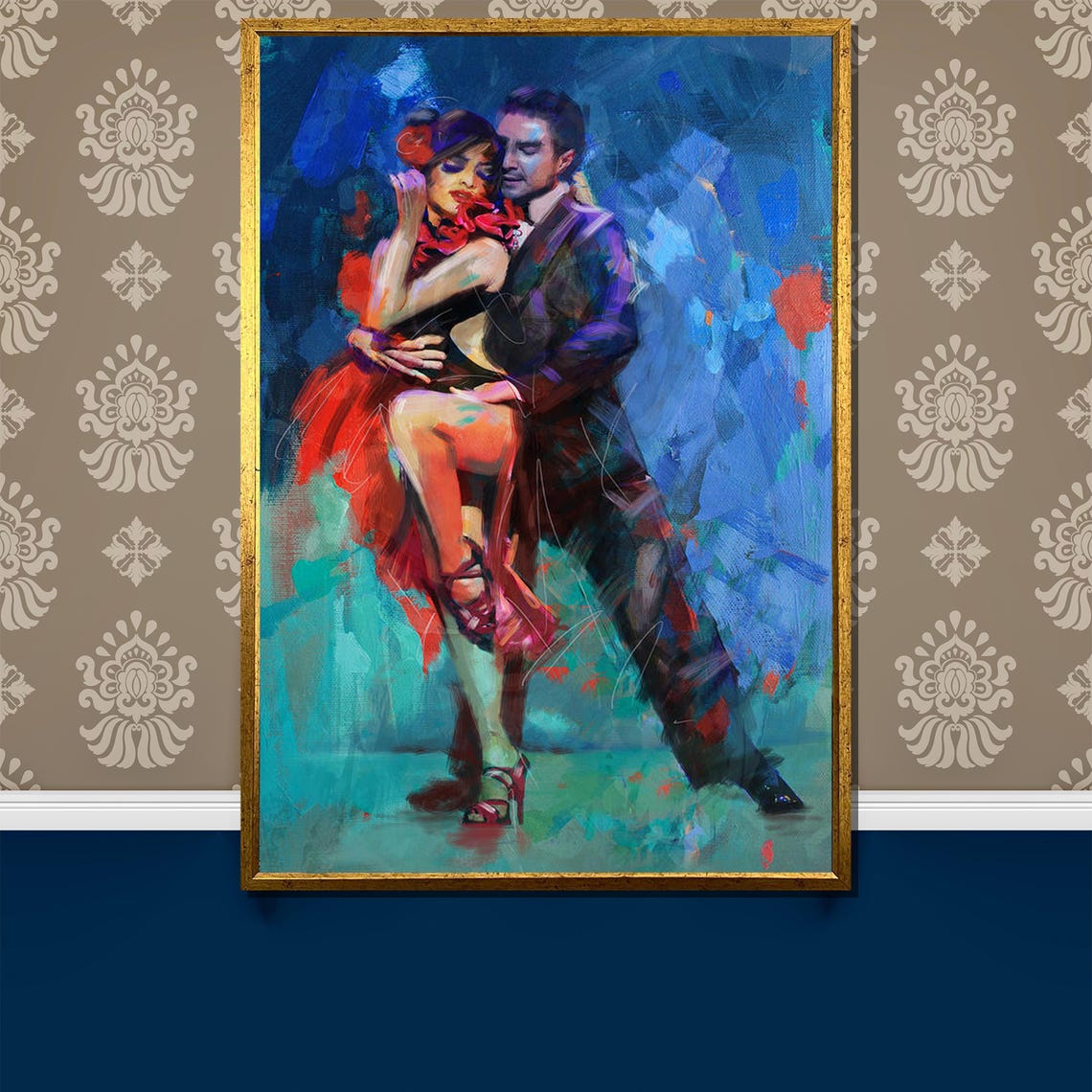 Passionate Tango Dancers In Red Dramatic Blue Night Art Poster