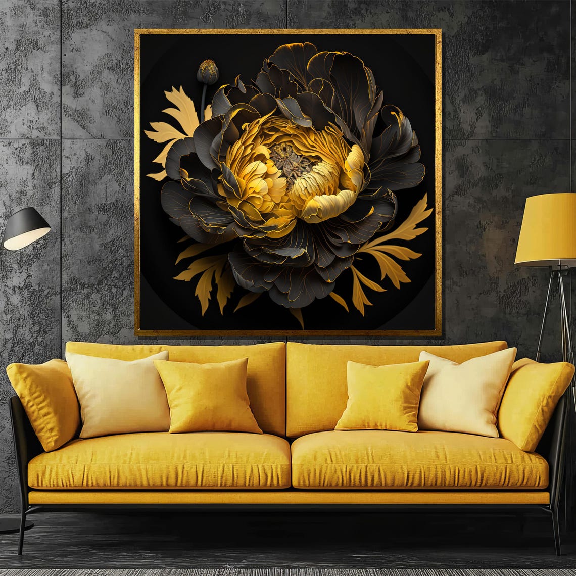 Black and Gold Peony Bloom on a Dramatic Dark Background Poster