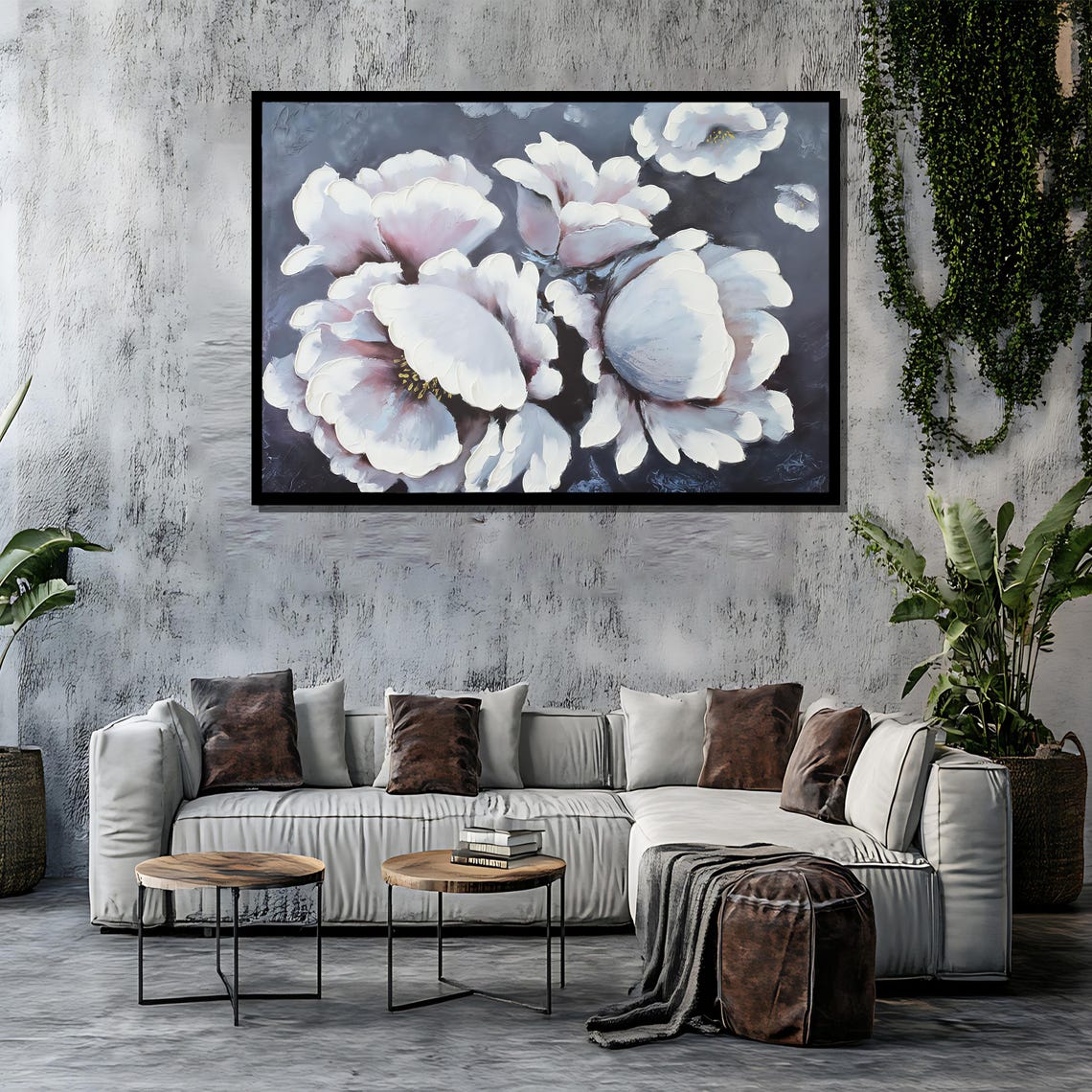 White Peony Bouquet Painting on a Dark Charcoal Background Poster - Image 4