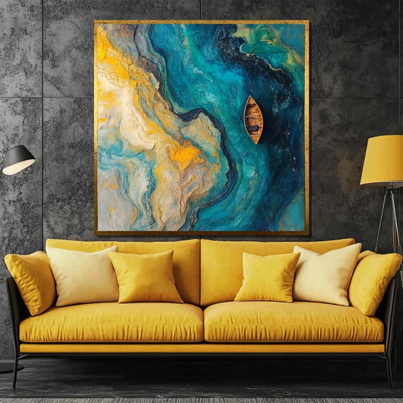 Abstract River Flow Painting With Boat Stunning Modern Wall Art Gift Perfect For Contemporary Home Decor And Art Lovers
