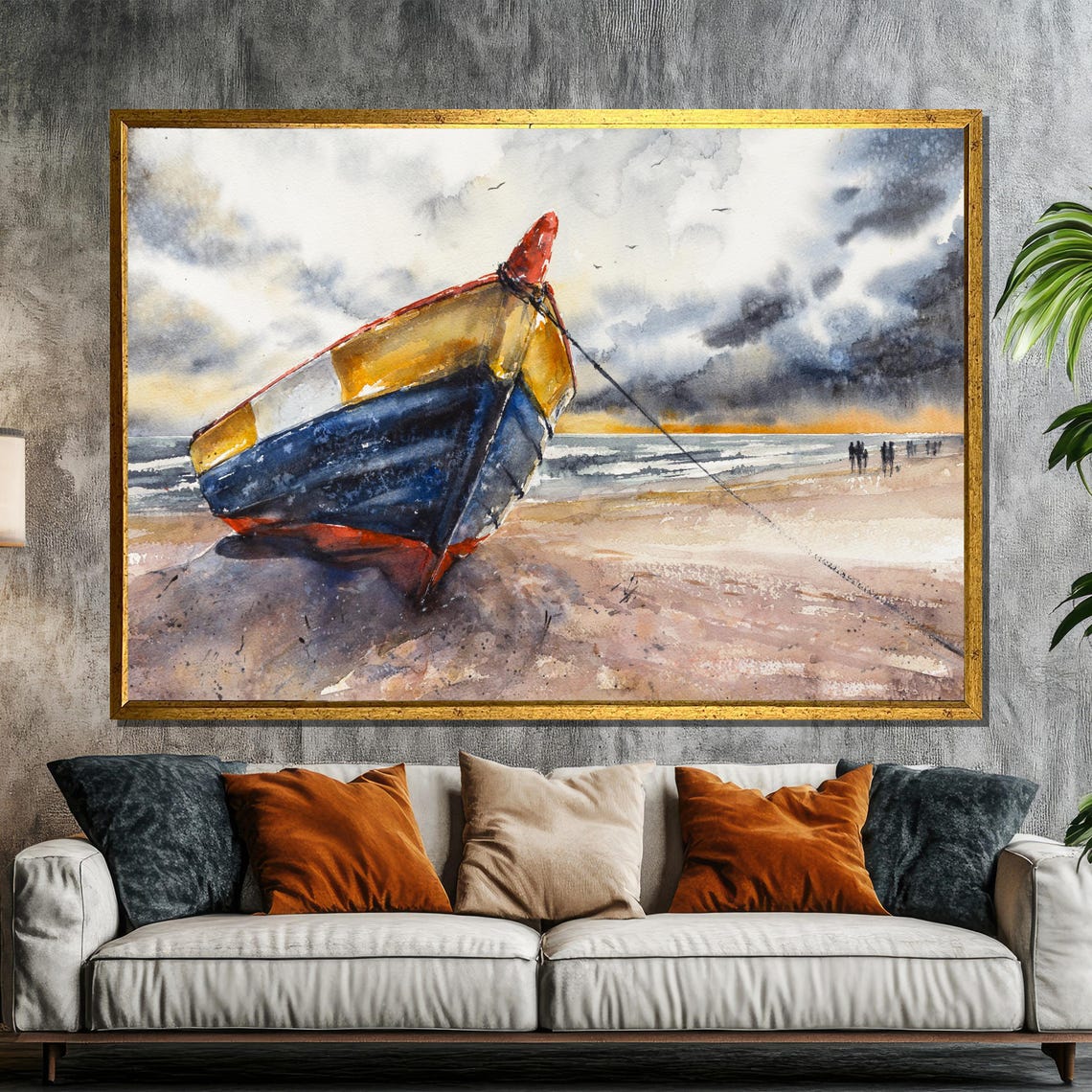 Weathered Fishing Boat Beached at Low Tide Coastal Watercolor Poster