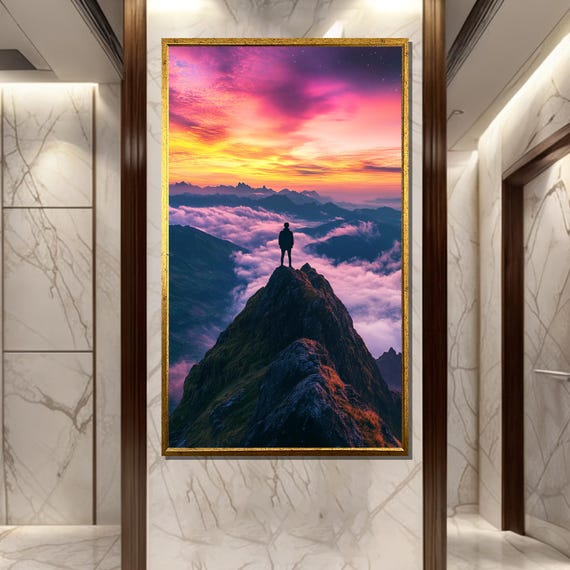 Futuristic Mountain Sunset Painting Vibrant Sky Art Print Dreamlike Landscape Wall Decor Adventure Explorer Artwork Nature Gift