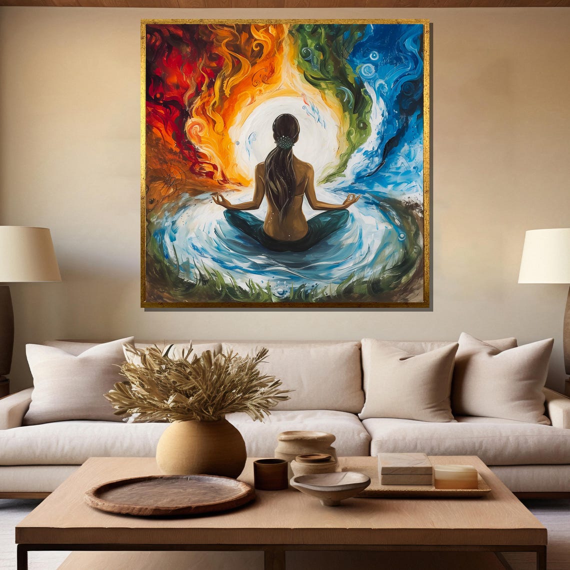 Meditating Woman Among Four Elements Fire and Water Art Poster - Image 5