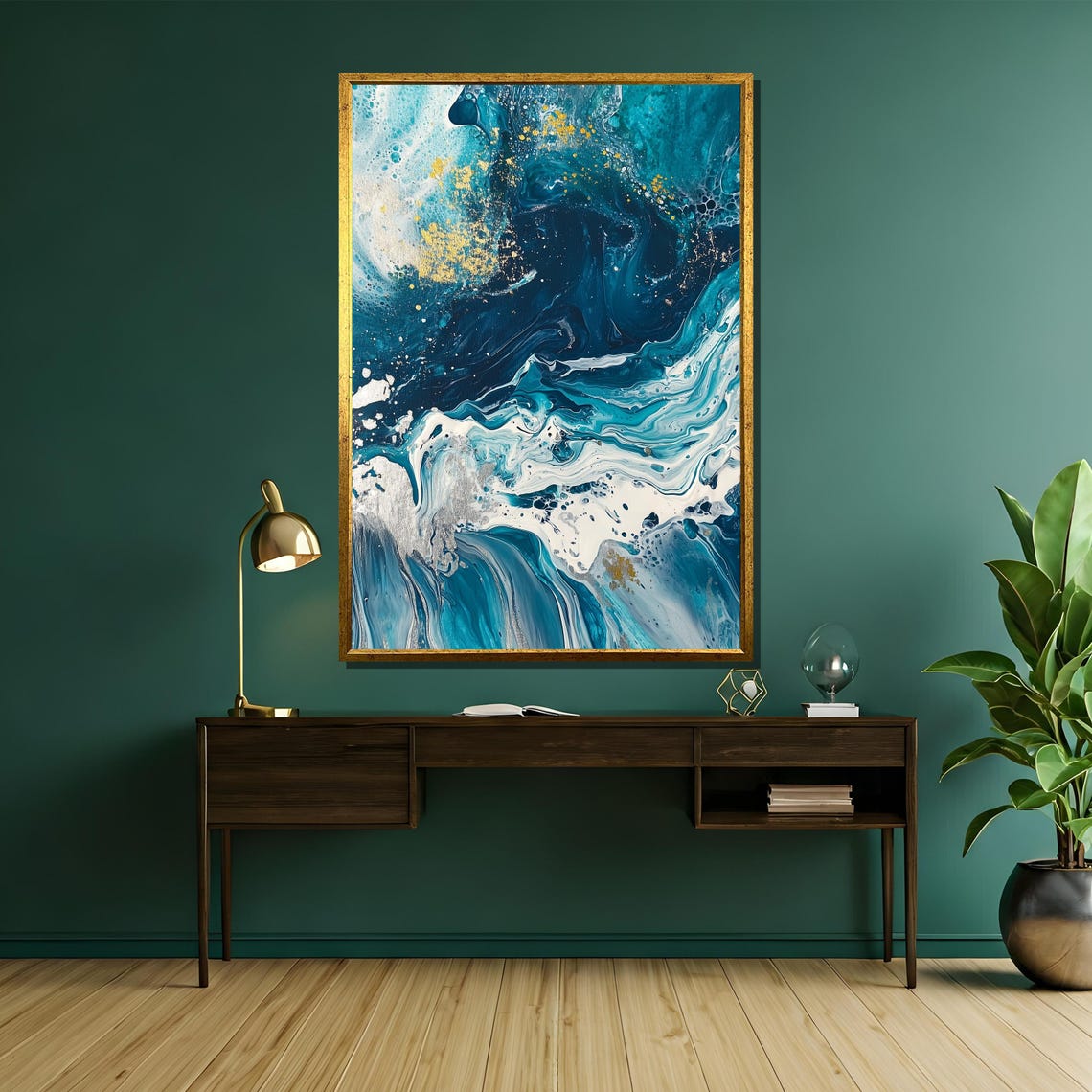 Deep Ocean Blue and Gold Fluid Marble Art Abstract Waves Poster - Image 5