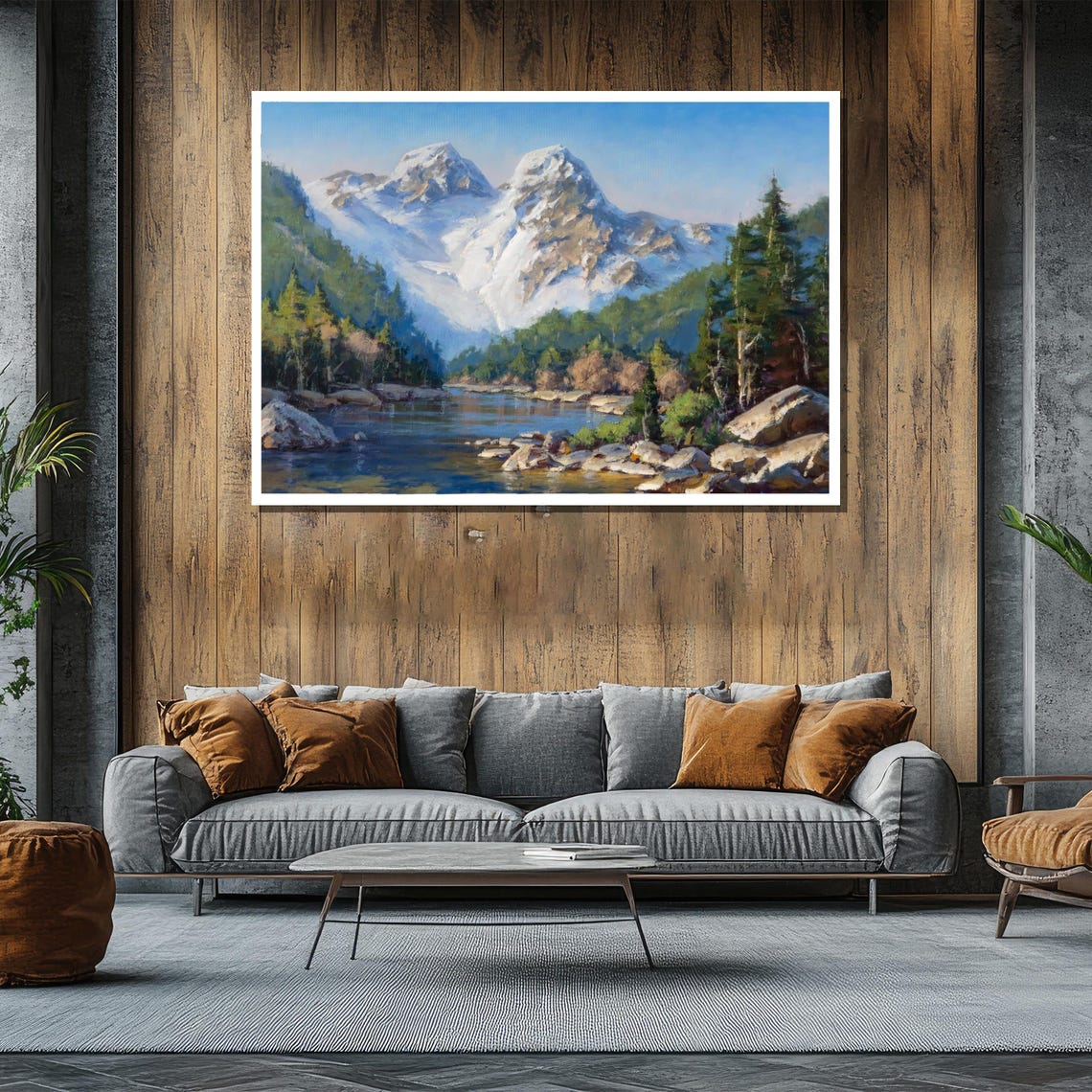 Snow Capped Mountain Peaks Reflected in Alpine Lake Painting Poster - Image 2