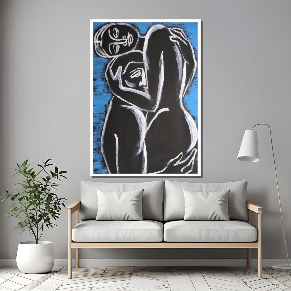 Minimalist Blue And Black Abstract Embrace With White Line Art Poster - Image 2