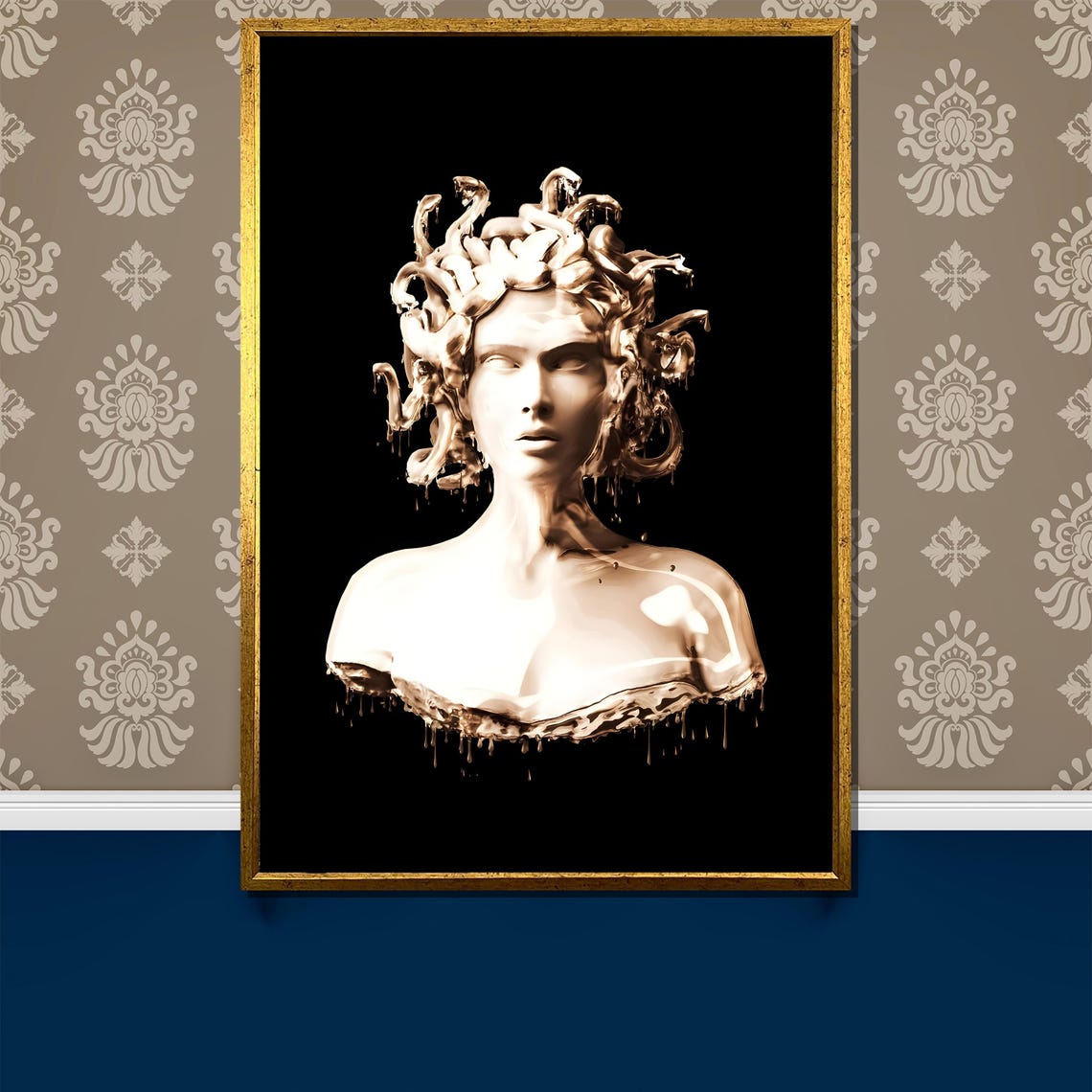 Medusa Marble Bust Melting Black Mythology Sculpture Elegant Poster