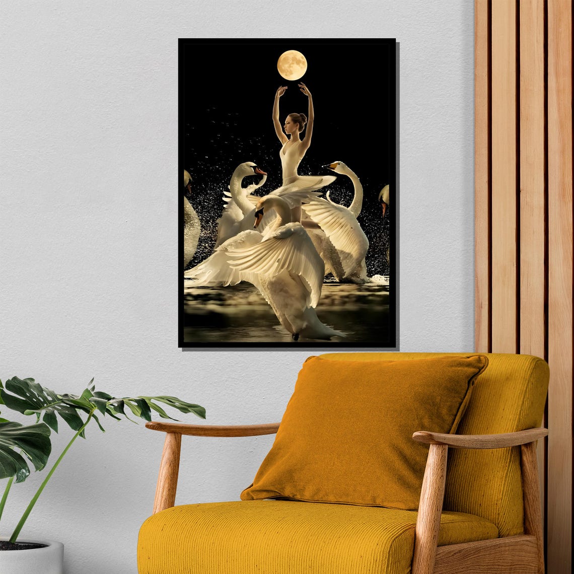 Ballerina Dancing with White Swans Under Full Moon Night Art Poster - Image 4