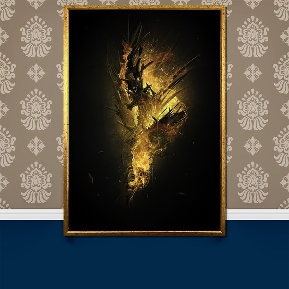 Dark Mystical Dragon In Flames Painting Fantasy Art Gift For Enthusiasts Striking Wall Decor With Enchanting Fiery Aura
