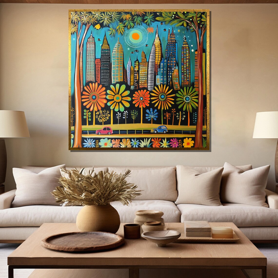 Colorful Whimsical City Skyline Flowers Folk Art Painting Poster