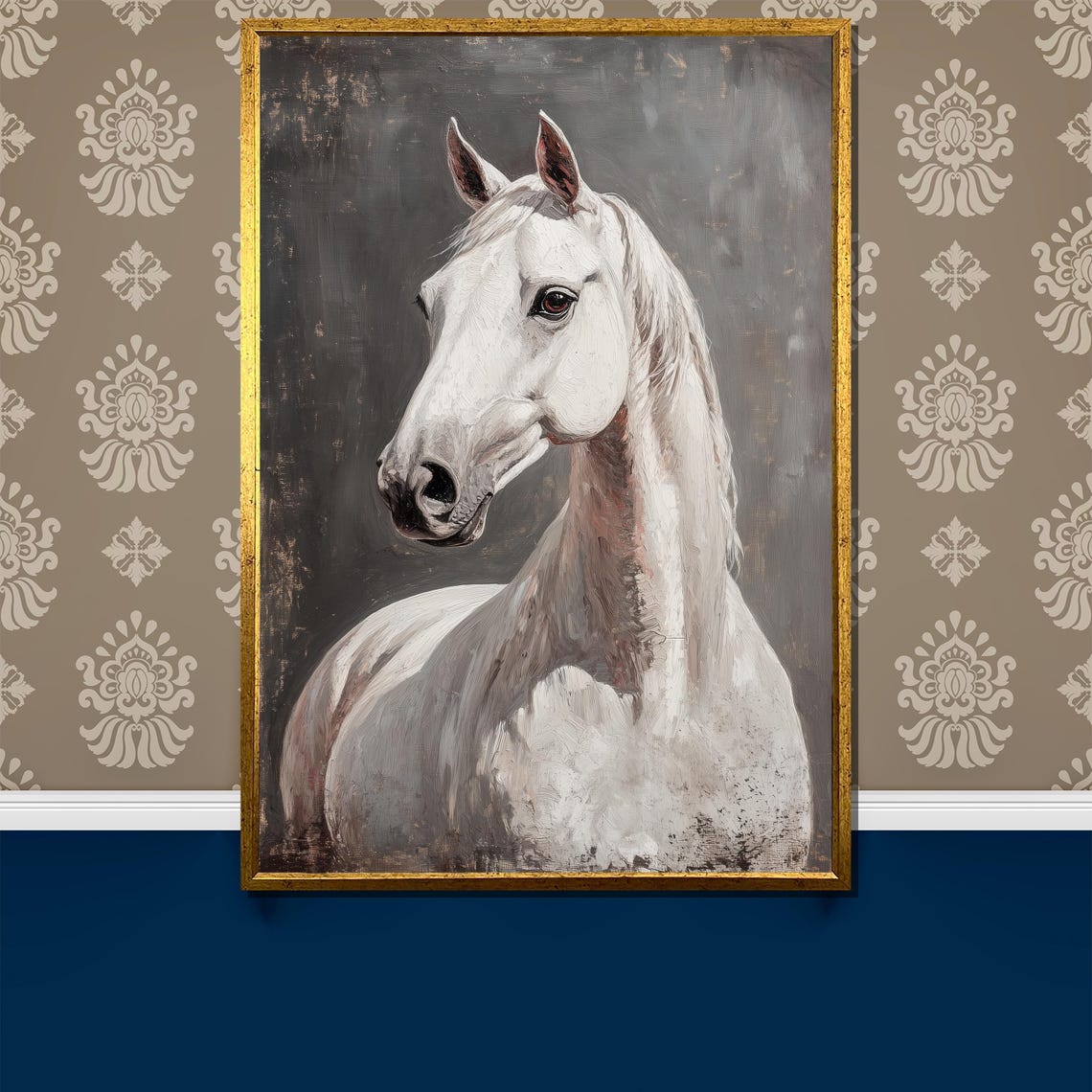 Regal White Horse Portrait On A Dark Moody Gray Backdrop Poster