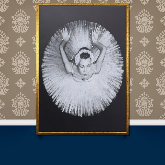 Top-Down Black and White Ballerina with Floral Crown Art Poster