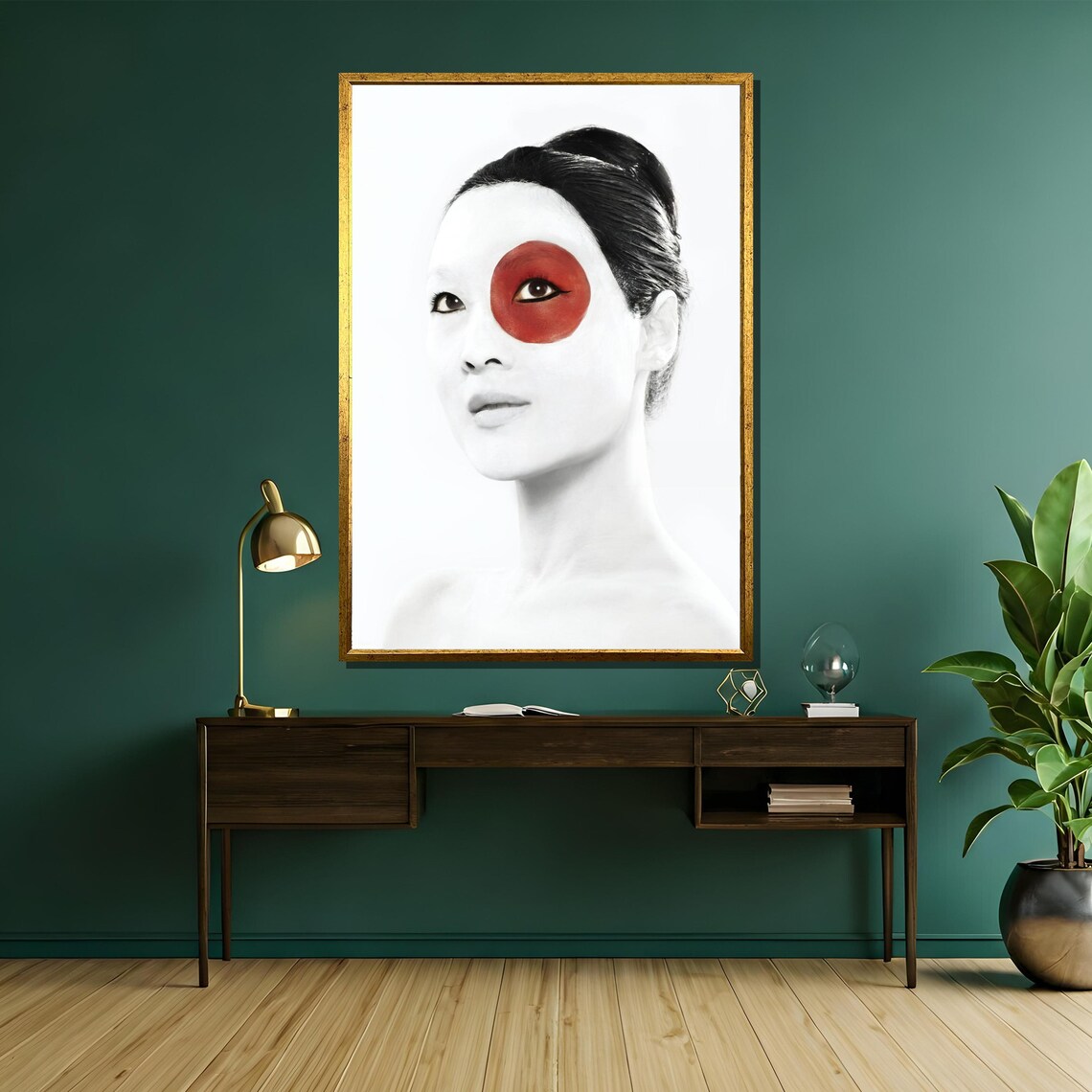 Black And White Japanese Woman Portrait Red Sun Eye Accent Poster - Image 5