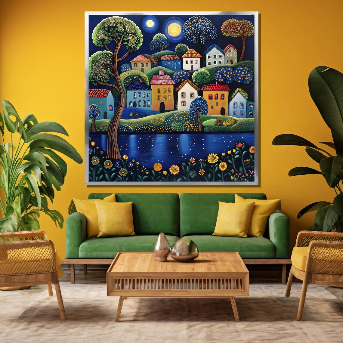 Moonlit Fairytale Village by the Lake in Folk Art Style Poster - Image 3