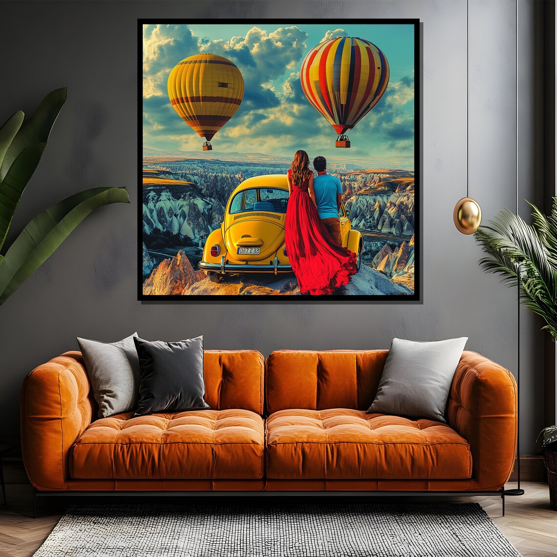 Couple By Yellow VW Beetle Cappadocia Balloons Adventure Art Poster - Image 4