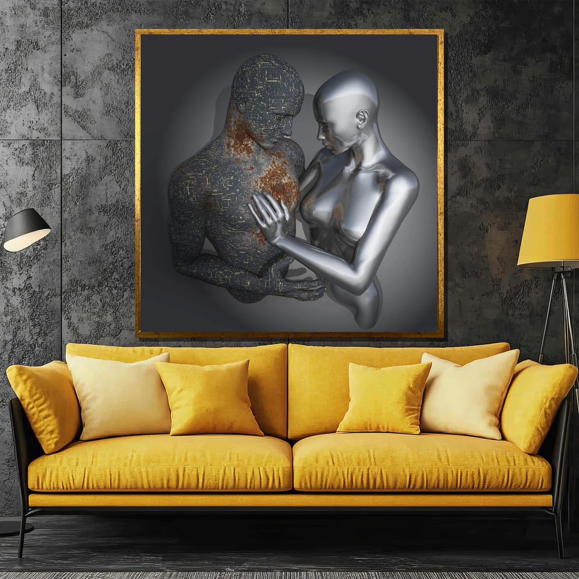 Rust And Chrome Metallic Lovers Embrace Haunting Digital Art Poster