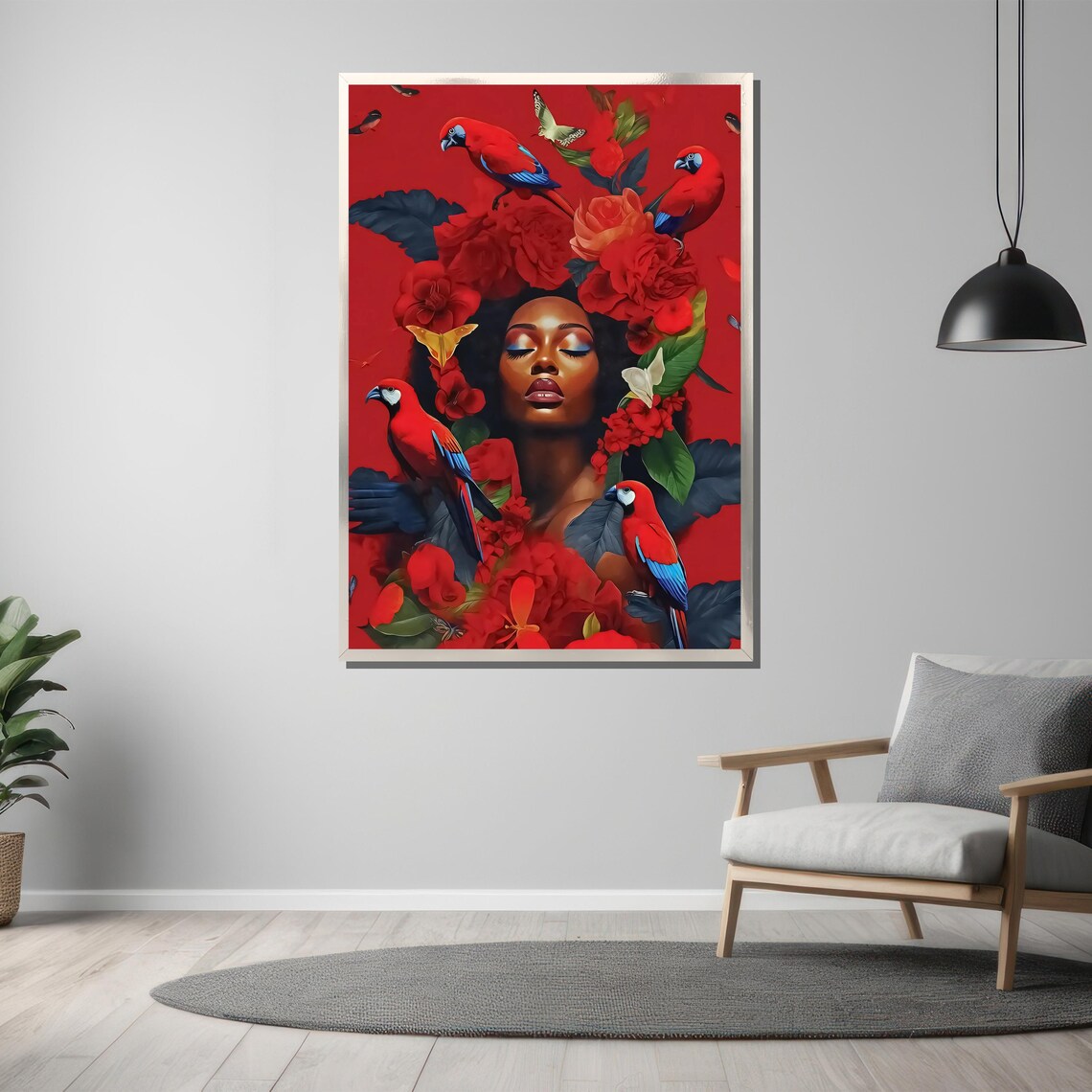 African Woman With Red Parrots And Flowers Nature Art Poster - Image 3