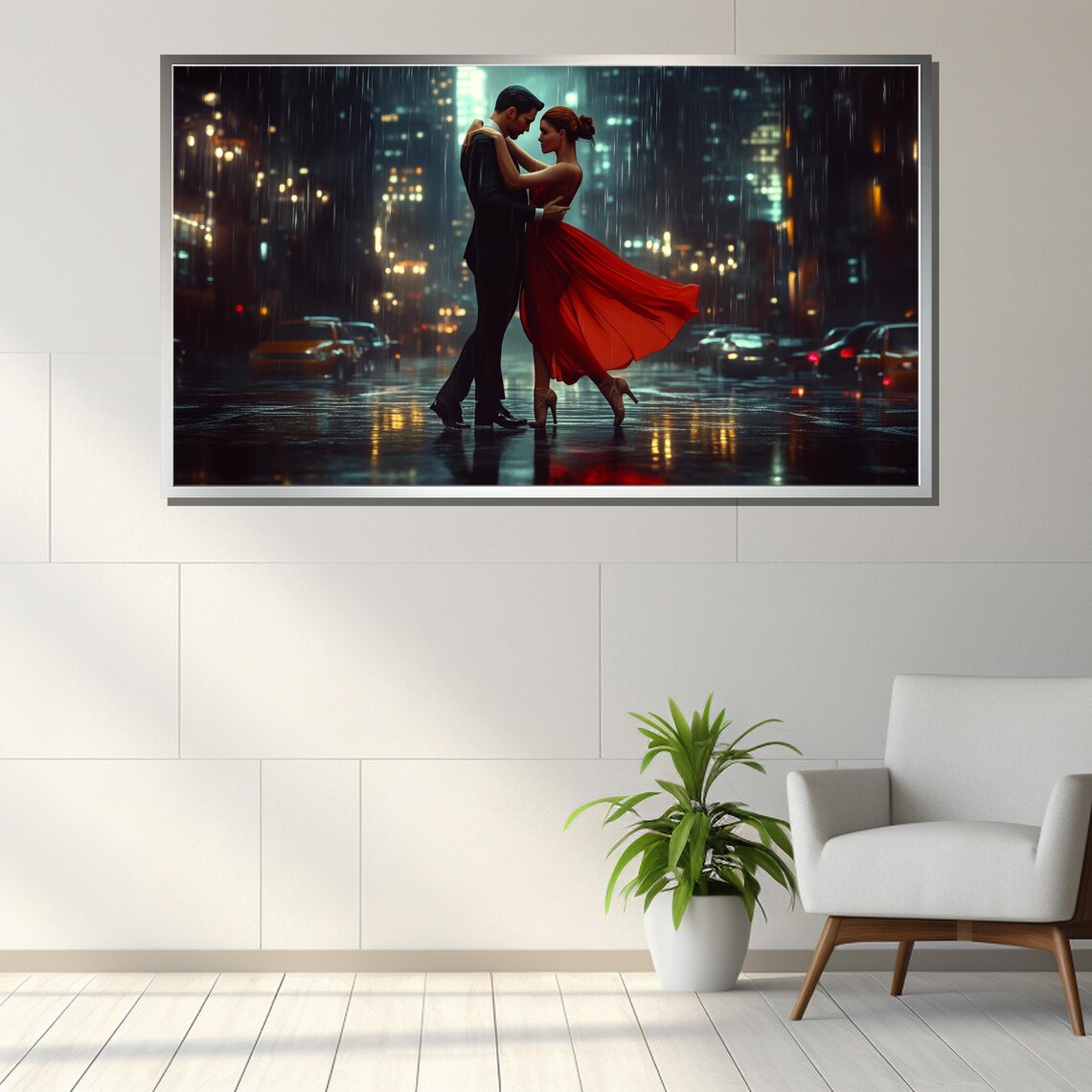 Couple Dancing In Rainy City Night Red Dress Romantic Art Poster - Image 3