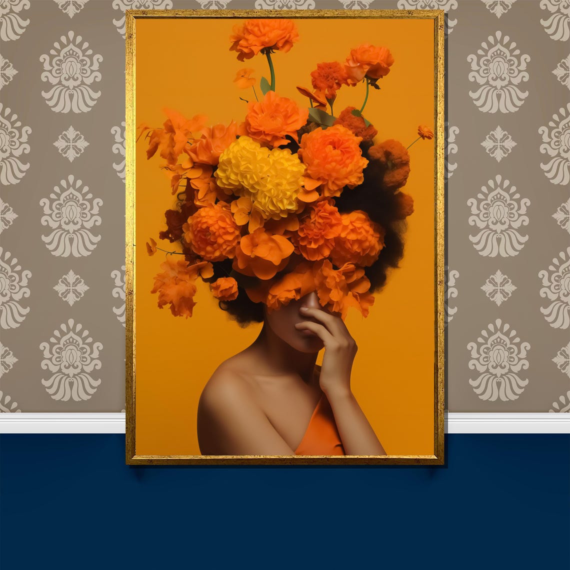 Orange Floral Crown Woman Painting Bold And Vibrant Art Gift For Modern Home Decor And Unique Wall Accent