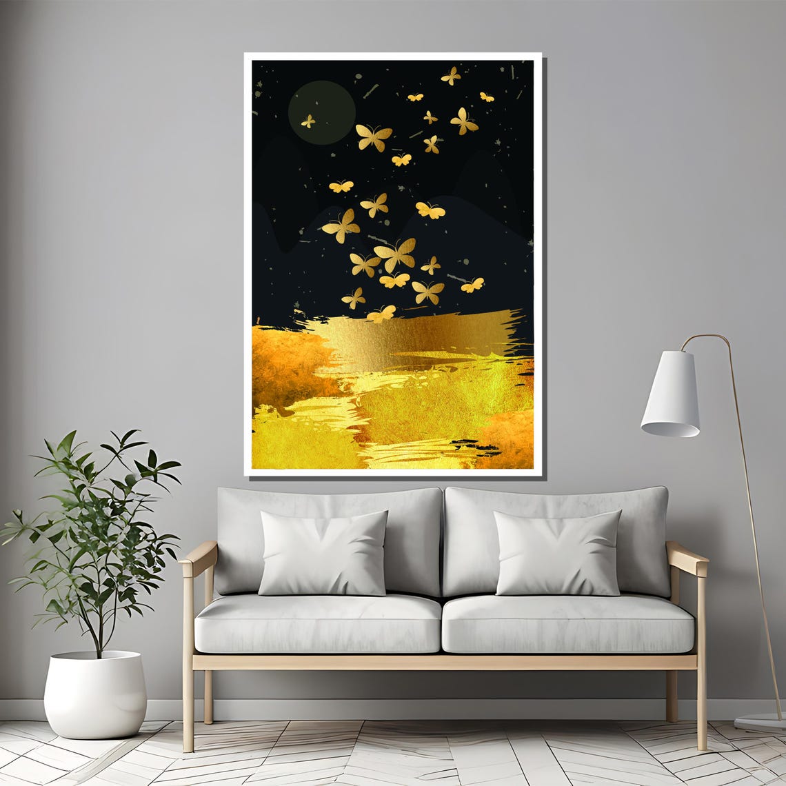 Golden Butterfly Flight Over Midnight Black and Gold Abstract Poster - Image 2