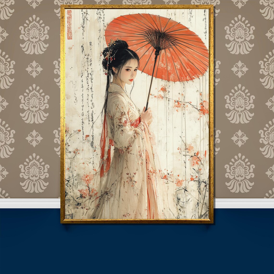 Graceful Asian Woman With Red Parasol Delicate Ink Floral Art Poster