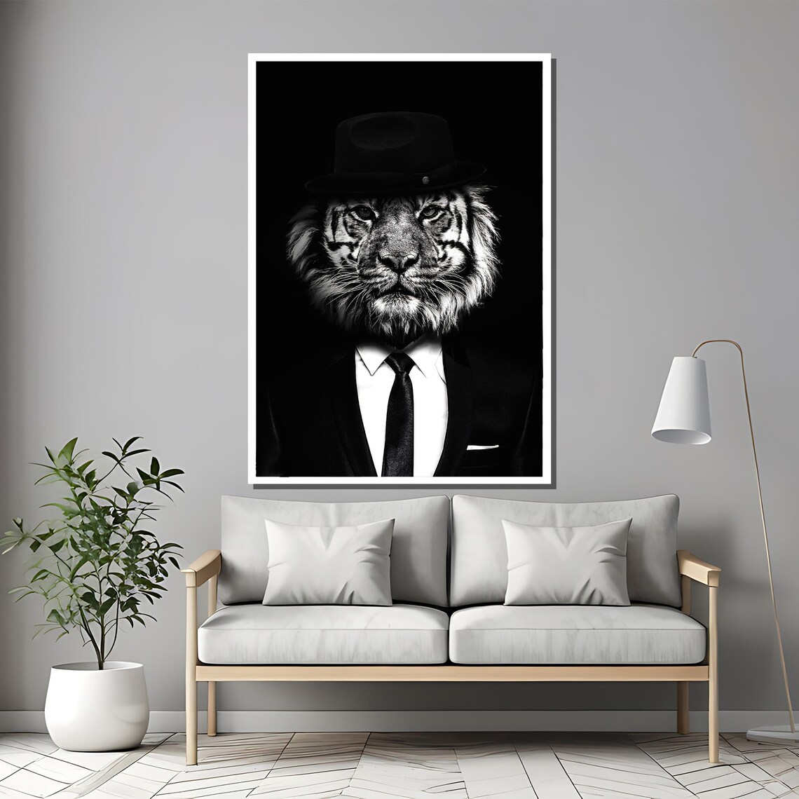 Tiger in Fedora Suit Black and White Funny Animal Portrait Poster - Image 2
