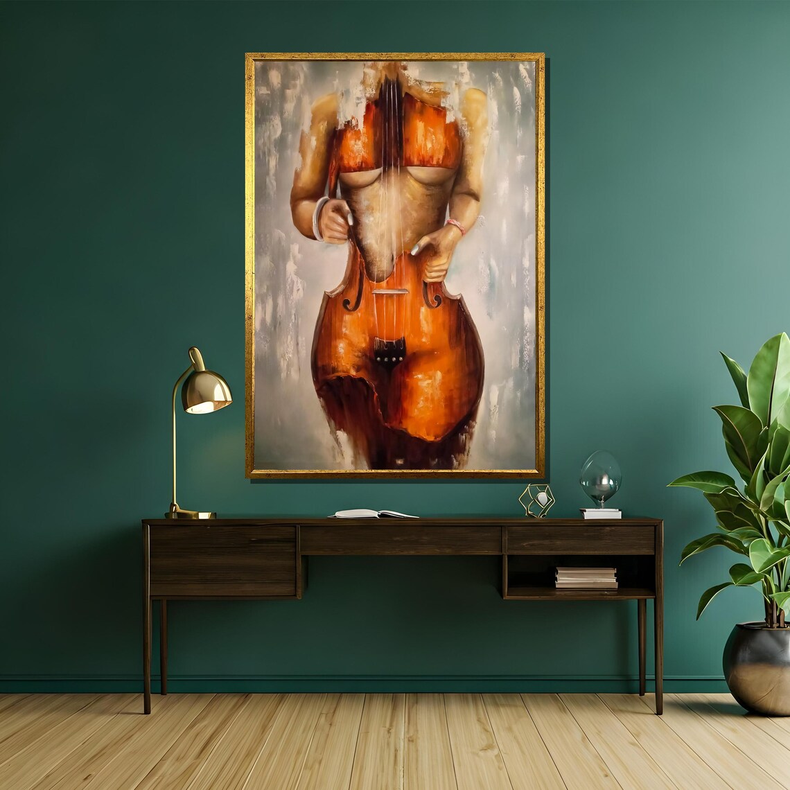 Surreal Violin and Nude Fusion Amber Tones Symbolic Art Poster - Image 5