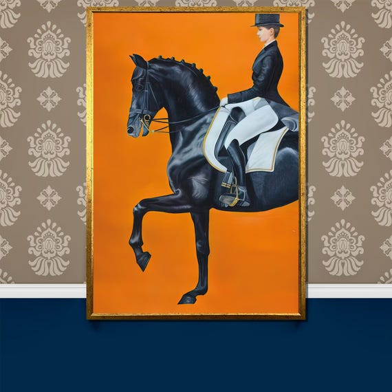 Elegant Equestrian Portrait Painting Black Horse And Rider On Bold Orange Background Sophisticated Wall Art Gift For Horse Lovers