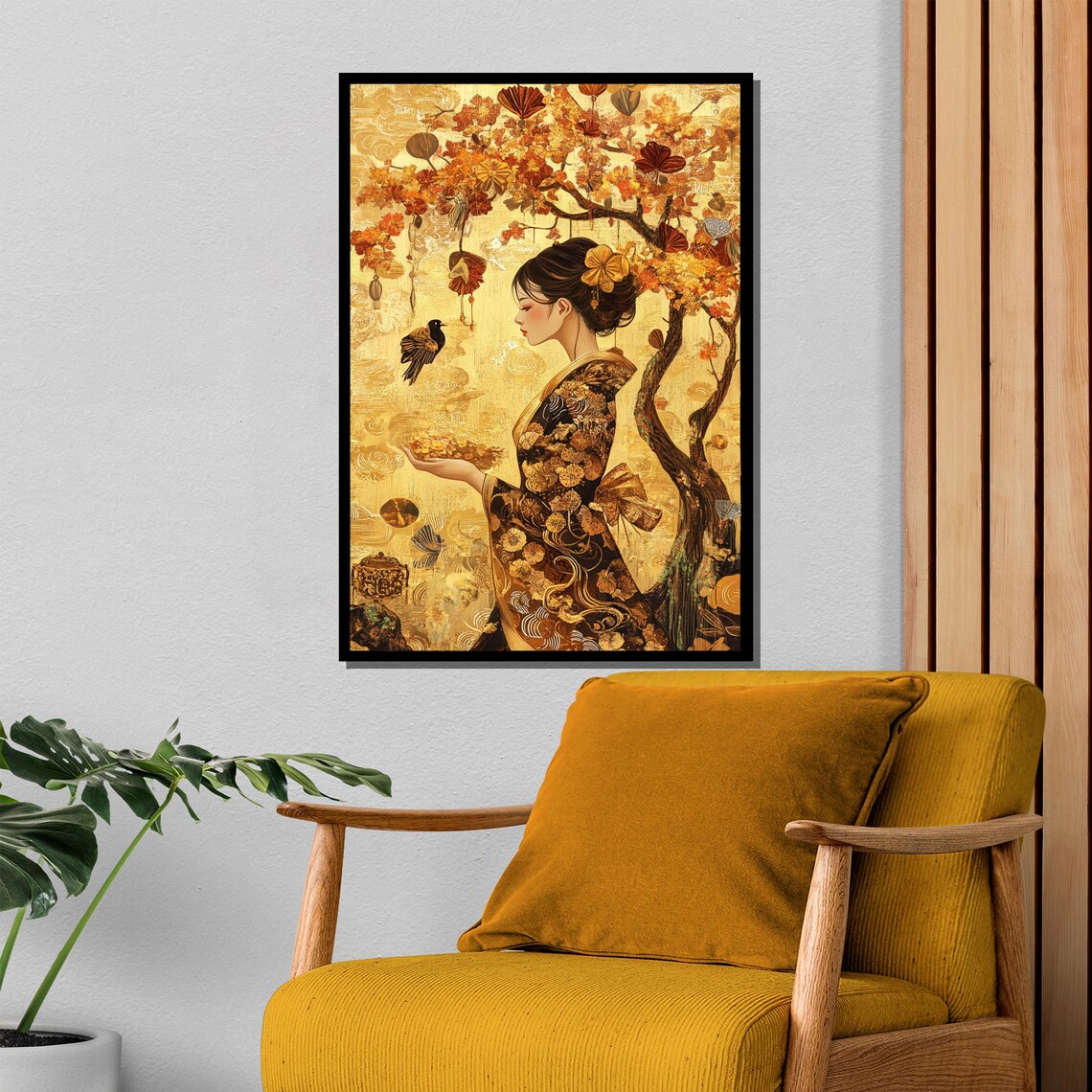 Golden Kimono Woman Beneath Blazing Autumn Tree Japanese Art Poster - Image 4