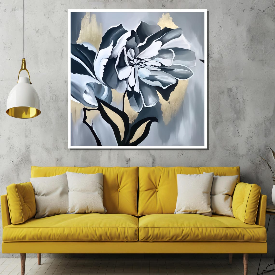 Black And White Monochrome Flower With Gold Accents Art Poster - Image 2