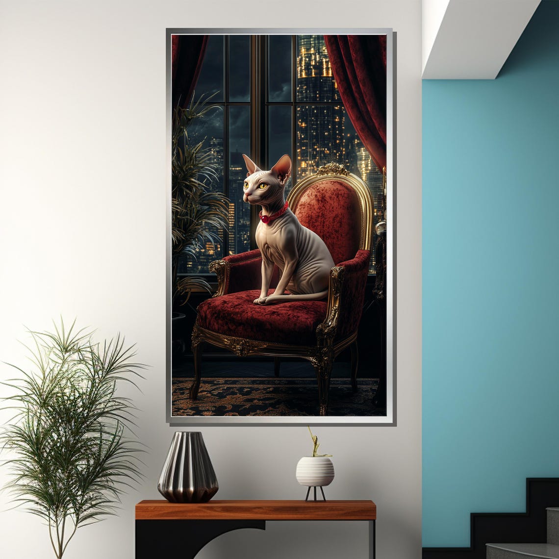Throne Room Regal Sphynx Cat Overlooking Night City Skyline Poster - Image 3