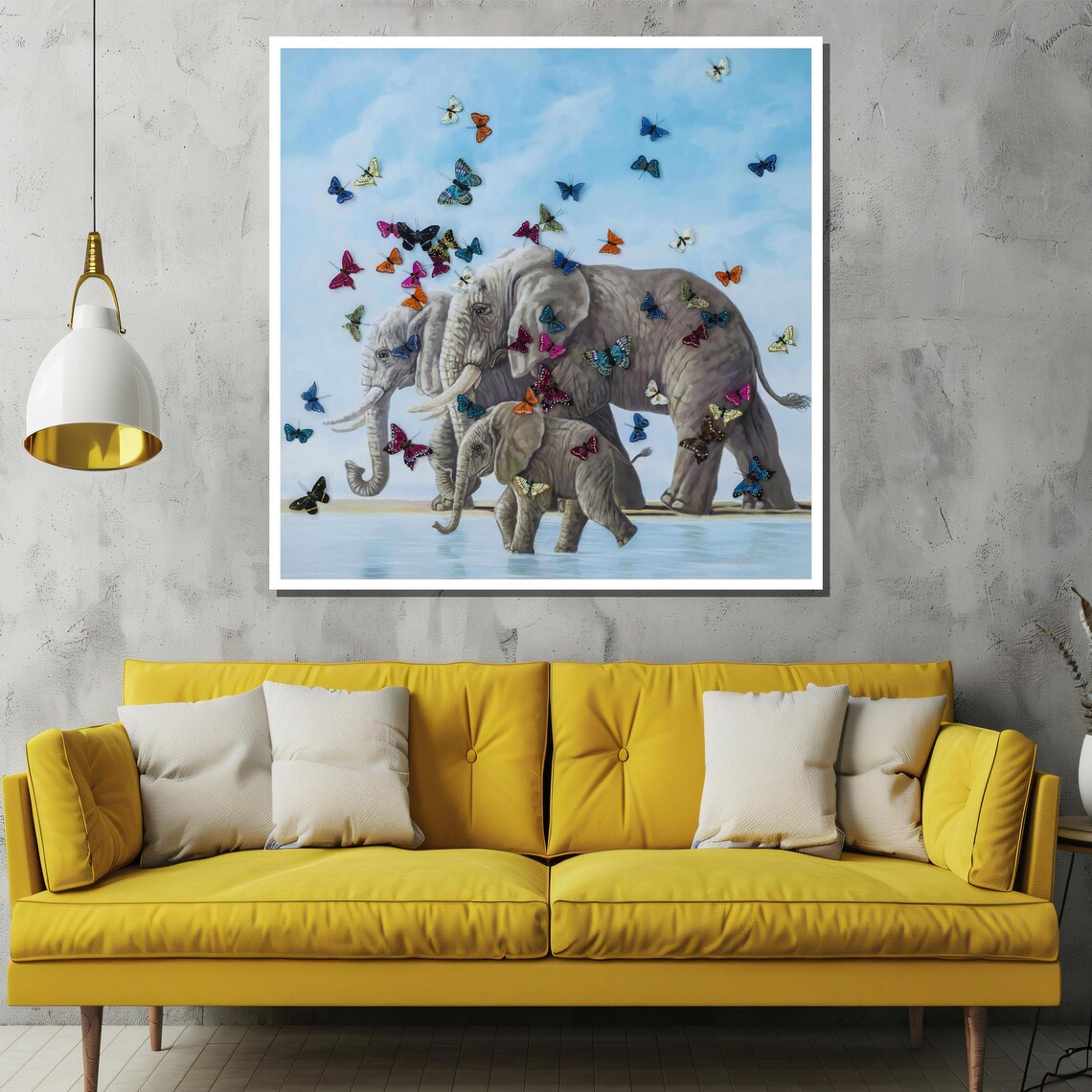 Elephant Family Walking Beneath A Sky Of Colorful Butterflies Poster - Image 2