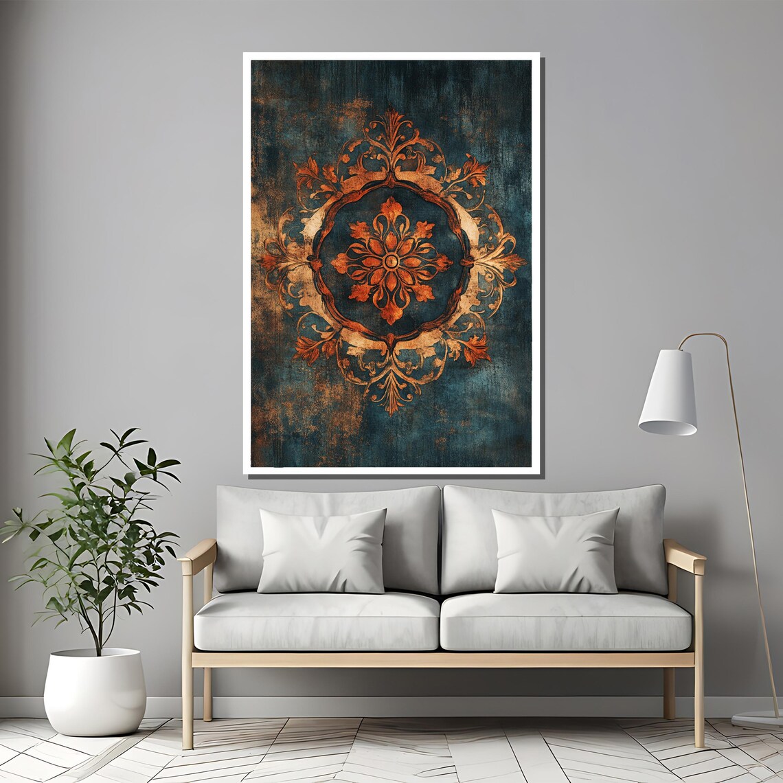 Ornate Vintage Medallion Floral Emblem on Dark Teal Art Poster - Image 2