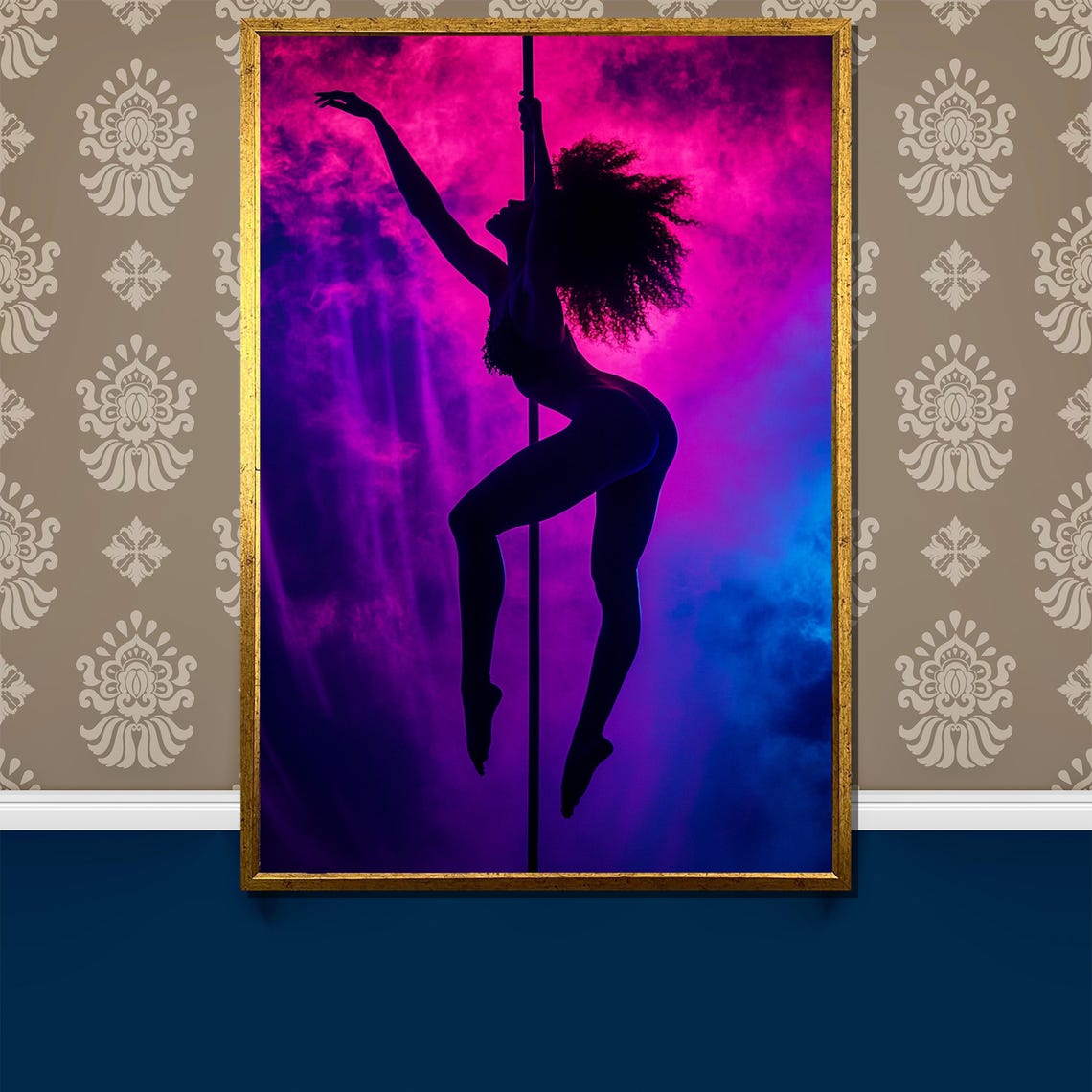 Pole Dancer Silhouette Neon Pink Purple Smoke Night Art Wall Poster