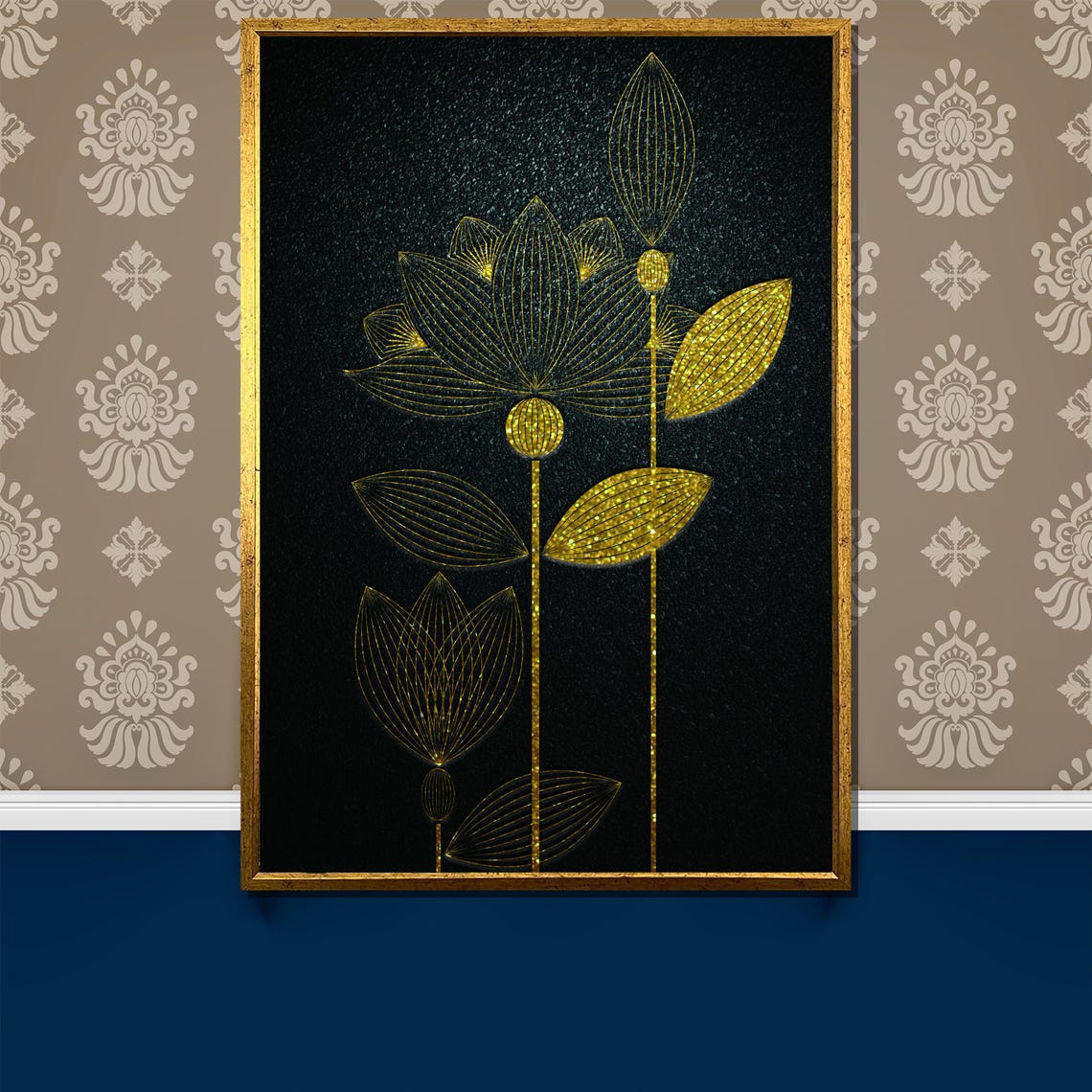 Minimalist Gold Lotus Line Art On Black Dark Background Poster
