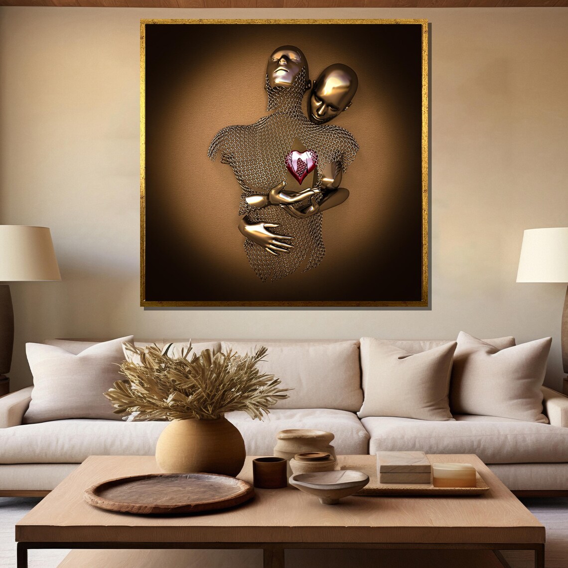 Golden Metallic Lovers Embrace With Glowing Heart Sculpture Poster - Image 5