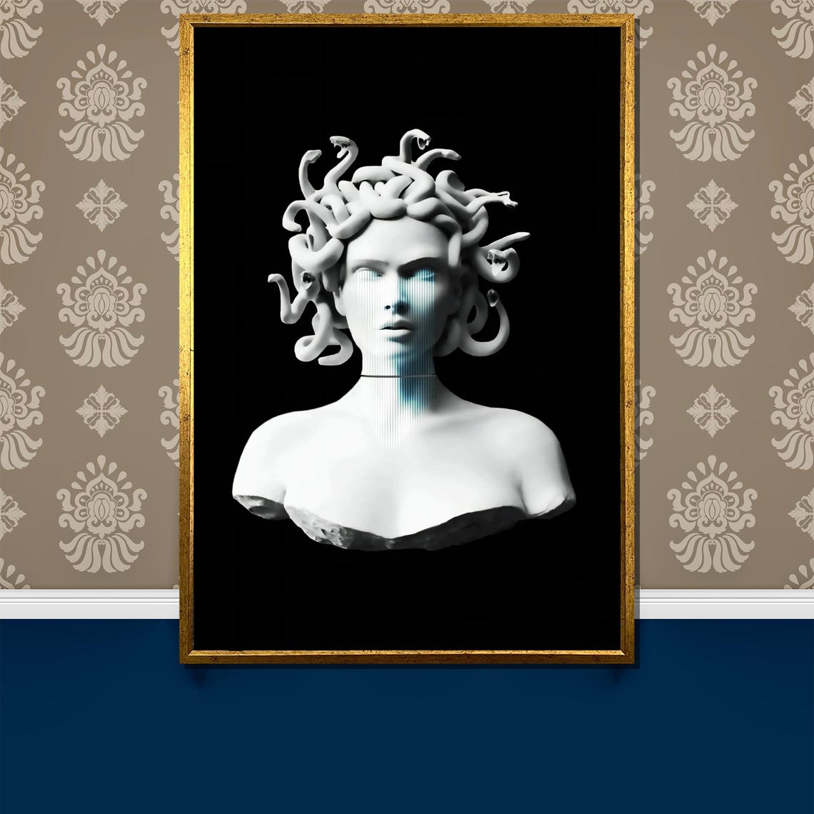 Monochrome Medusa Marble Bust With Glitch Scanline Effect Poster
