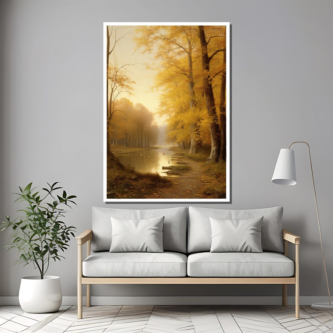 Golden Autumn Riverbank With Sunlit Trees And Peaceful Waters Poster - Image 2