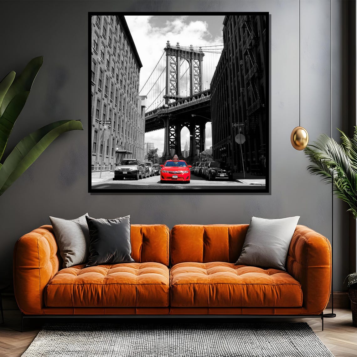 New York Manhattan Bridge Red Car Black White Urban Street Poster - Image 4