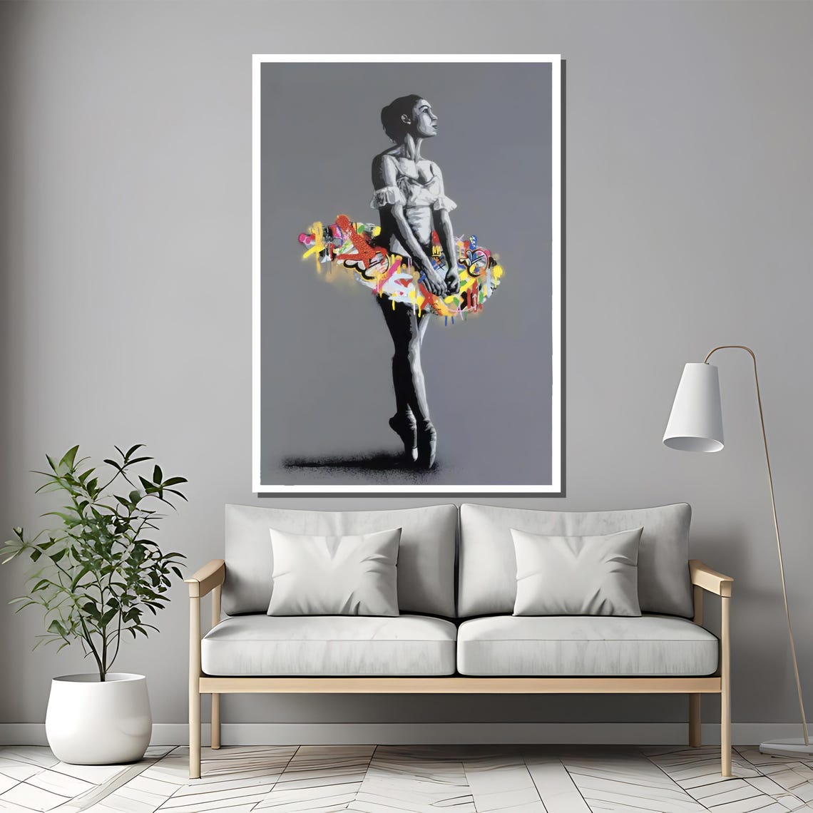 Monochrome Graffiti Ballerina Dancer With Paint Splash Tutu Poster - Image 2